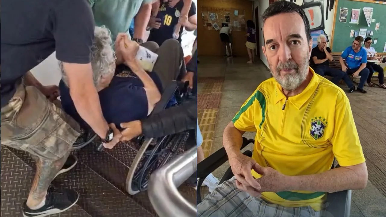 Montagem de duas fotos: à esquerda, pessoas auxiliam um homem de cabelos grisalhos em cadeira de rodas; à direita, homem de barba, com camisa amarela da seleção brasileira, está sentado em um corredor.