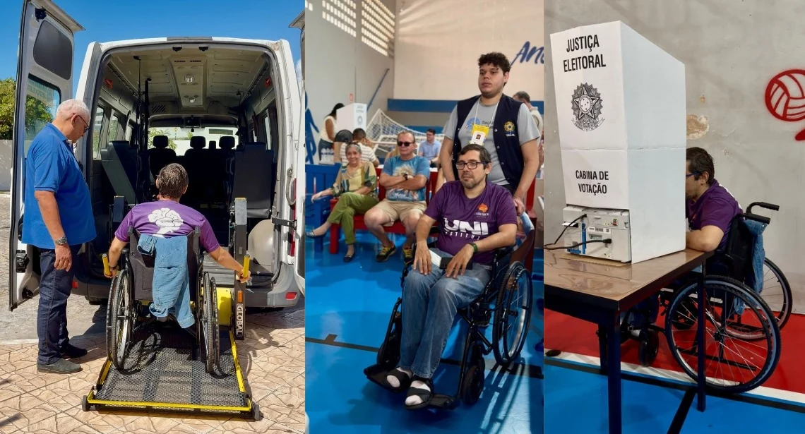 Três fotografias mostram eleitor em cadeira de rodas no elevador de uma van, no local de votação e diante da cabine eleitoral em Alagoas.