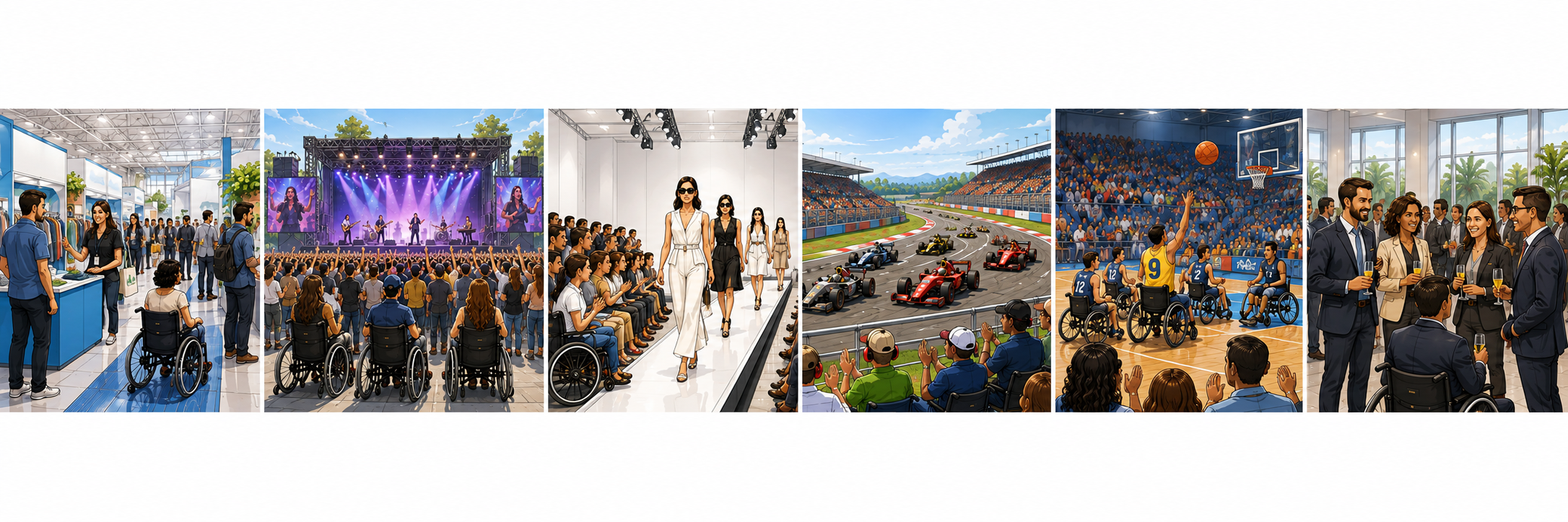 Faixa com seis ilustrações de pessoas em feira, show, desfile de moda, corrida automobilística, basquete em cadeira de rodas e encontro profissional.