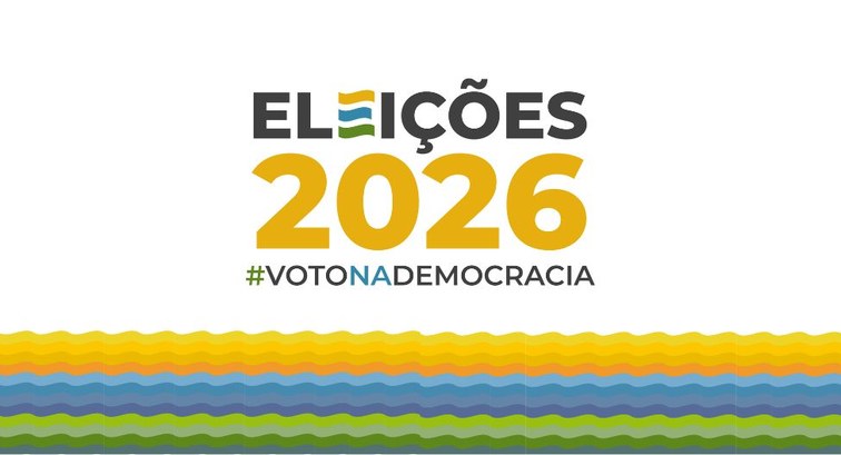 Arte das Eleições 2026, com a frase Voto na democracia e faixas em amarelo, azul e verde.